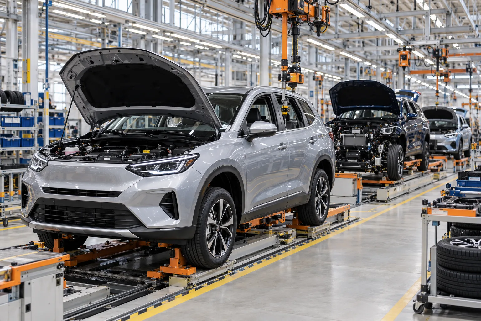 Final-assembly concept with painted vehicles, overhead tools and modular conveyor platforms
